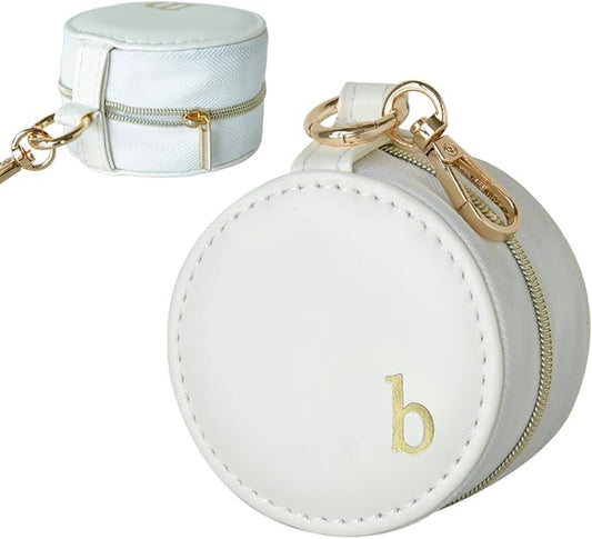 COLLECTIVE HOME - Monogrammed Letter Jewelry Case, Portable Travel Ring Holder Box with Keychain, Personalized Initial Organizer for Earrings Necklaces, Gift for Her (White-b)