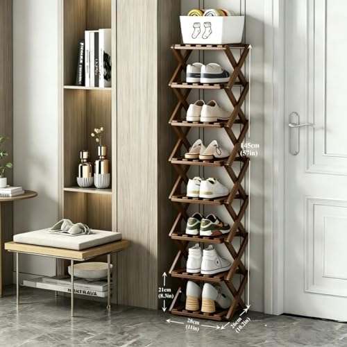 8 Tier Foldable Shoe Rack, Bamboo Vertical Shoe Organizer Tall for Multifunctional Narrow Shoe Shelf for Entryway, Closet, Corner, Bedroom, Hallway(Brown) - Image 2