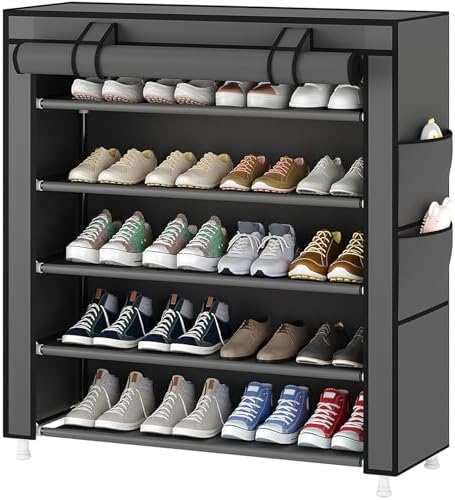 Laiensia 5-Tier Vertical Shoe Rack Organizer, Space Saving Shoe Storage Organizer, Non-Woven Cover Shoe Shelf Holds 20-25 Pairs for Bedroom, Hallway, Closet Entryway, Grey by Laiensia
