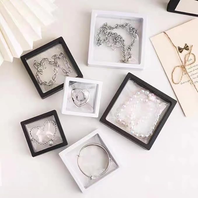 12PCS 3D Floating Frame Display Stand, Jewelry Box, Gift Box, Ornament Organizer, Small Travel Jewelry Box, PE Film Anti-Oxidation, Suspended Display Box Stackable (White, 3.54 * 3.54)