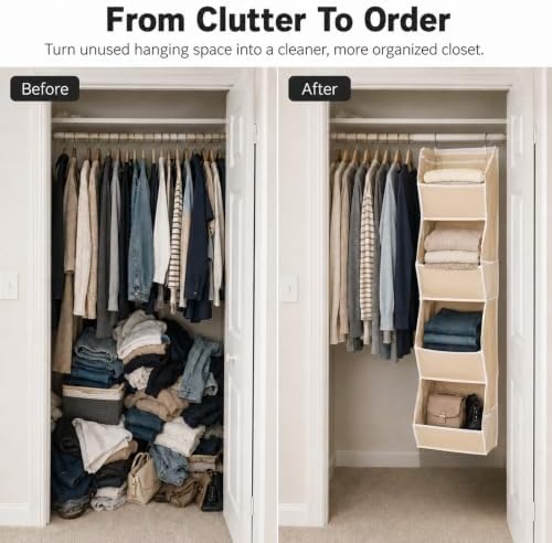 4-Shelf Hanging Closet Organizer and Storage, Fabric Storage Bins Bedroom Organization with Mesh Pockets, Collapsible Hanging Shelves Wardrobe Organization for Home, Dorm, Rv (Beige) - Image 3
