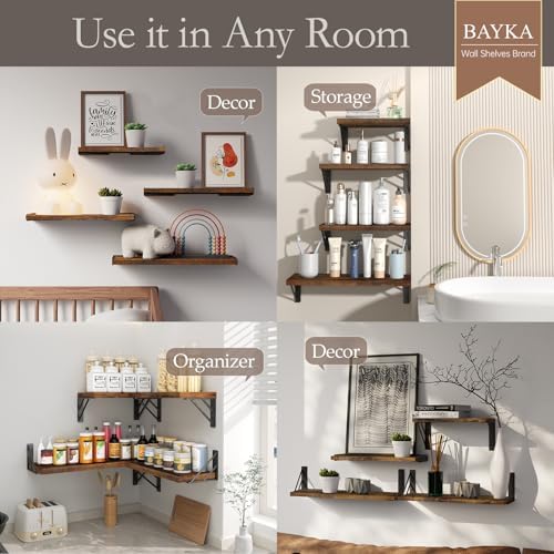 BAYKA Wall Shelves for Bedroom Decor, Floating Wall Shelves for Living Room Kitchen Storage, Mounted Rustic Wood Floating Shelves for Kids Books, Corner Shelf for Bathroom(Rustic Brown，Set of 4) - Image 3