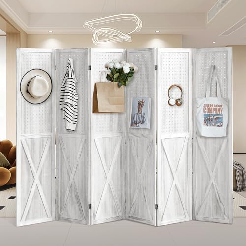 Pegboard Room Divider, 6 Panel Pegboard Display Wooden Room Divider Panel, Room Partitions and Dividers with 24 Hooks for Bedroom, Shop, Jewelry Display, White by Aletheiawu