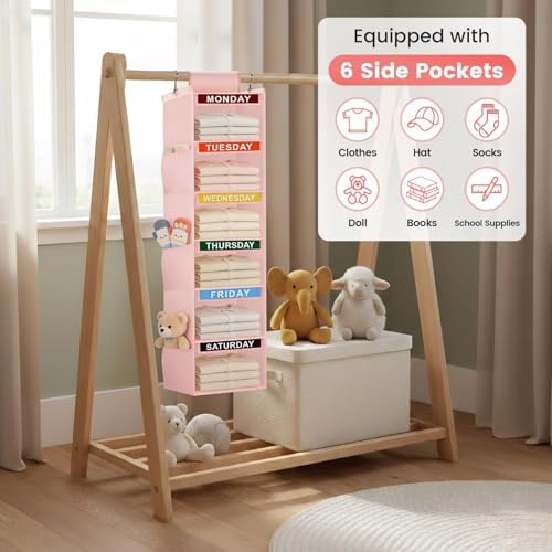 Weekly Clothes Organizer for Kids, 6-Shelf Kid Hanging Closet Organizer w/ 6 Side Pockets, Labeled Weekly Outfit Organizer for Kids, Days of The Week Clothes Organizer Monday Through Friday Pink - Image 6