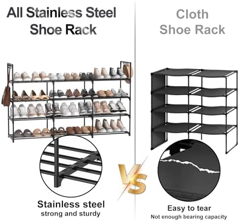 3 Row 4 Tier Long Shoe Rack, Black Metal Stackable Shoe Shelf with Multifunctional Hooks, Shoe Storage Hold 24-30 Pairs, Space Saving Shoe Organizer for Closet,Wide Shoe Rack - Image 4