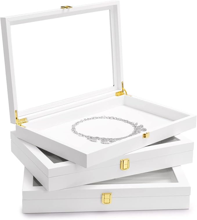 Oirlv White 12 Gird Jewelry Organizer Tray with Acrylic Lid Premium Leather Jewelry Box with Transparent Lid Bracelet Bangle Watch Display Case
