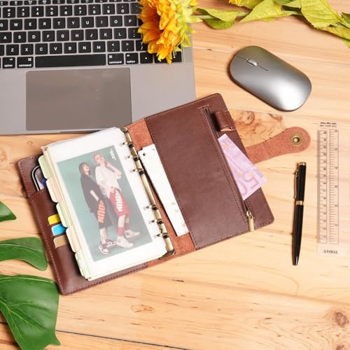 Wonderpool A6 Binder Journal Leather Spiral Notebook Refillable College Ruled Paper, Budget Binder Rings Diary Organizer with Pen for Office School Travel Business Planning Writing (Coffee,A6) - Image 3