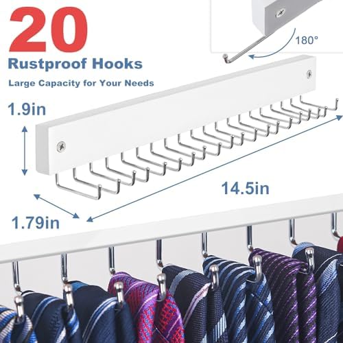 Tie Rack Wall Mounted, Tie Rack with 20 Storage Hooks, Belt Hanger for Wall - Image 3