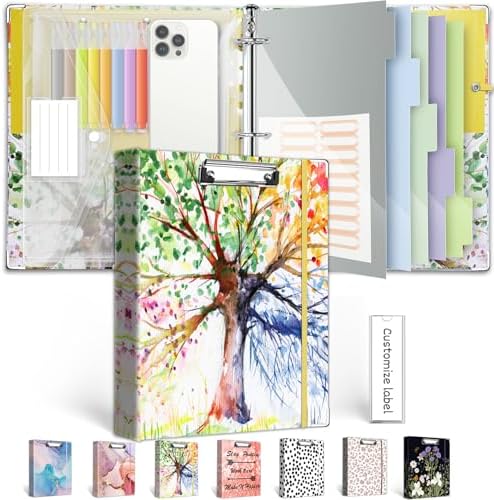 1 Inch 3 Ring Binder Organizer, Three Ring Binder with Clipboard, 5-Tabs Pockets Dividers, Transparent Folder,18 Divider Stikers, BVSSX Decorative Binders for Letter Size 8.5"x11" Paper (Seasons Tree) by BVSSX