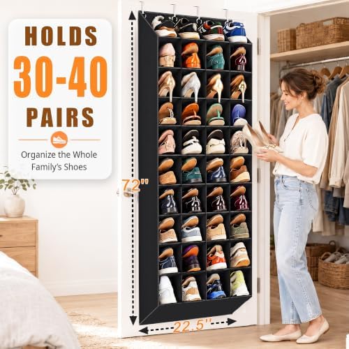 UVIAHOMI 30-40 Pairs Over the Door Shoe Organizer, 40 Breathable Pockets Hanging Shoe Storage for Closet, 10-Tier Door Shoes Rack, Handing Shoes Holder Fit All Family's Sneakers, Boots (Black) - Image 2