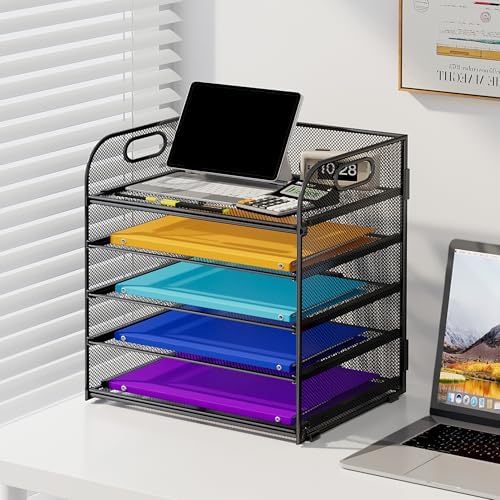 Cawukege 5 Tier Paper Organizer with Handle, Black Metal Mesh Desk Organizer File Folder Paper Letter Tray Desktop Document Sorter for Classroom, School, Office Accessories Organization and Storage - Image 5