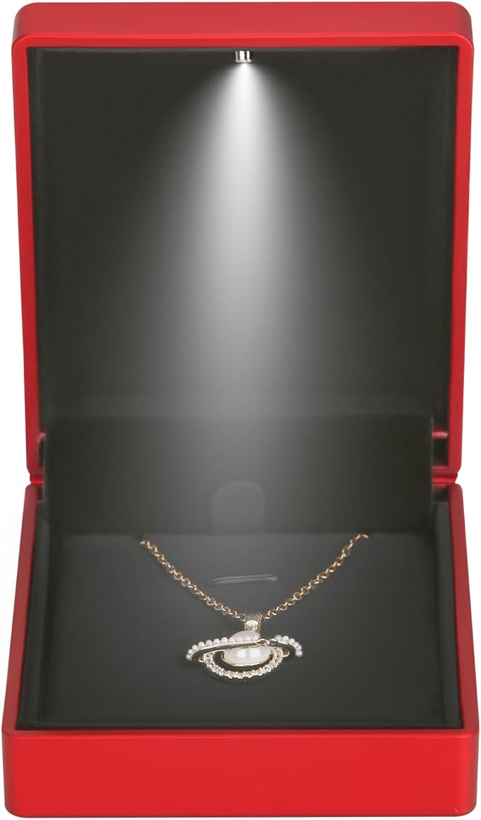 LED Light Pendant Necklace Gift Box, Velvet Jewelry Storage Display Case for Proposal Engagement Wedding Anniversary Birthday Valentine's Day (Red)
