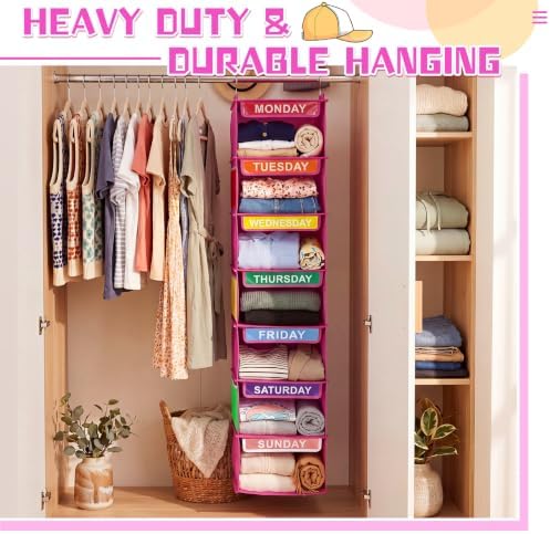 Amylove 2 Pcs 7 Shelf Weekly Clothes Organizer for Kids Hanging Closet Organizer 11. 8 x 11. 8 x 50 Inch Daily Activity Kids Clothes Storage Drawers Cube Drawers Closet Hanging Shelves(Rose Pink) - Image 6