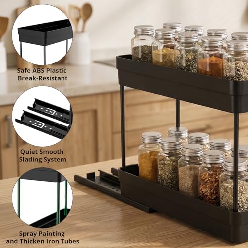 3 Pack Pull Out Spice Rack Organizer for Cabinet, Slide Out Spice Racks Organizer, Spice Cabinet Organizers, Cabinet Size Need:12'' Highx11'' Deepx5'' Wide,Each Tier Hold 10 Spice Jar- 2 Tier,3 Colors - Image 5