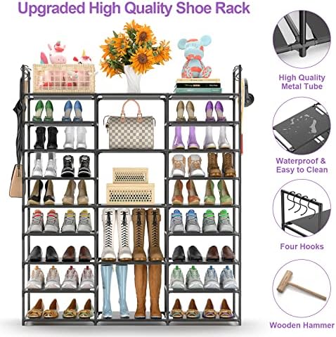 Kottwca Shoe Rack Organizer, Large Shoe Rack for Entryway Closet, Metal Shoe Shelf for Shoes and Boots, Big Non-Woven Fabric Shoe Storage Organizer with Hooks for Cloakroom, Black… - Image 5