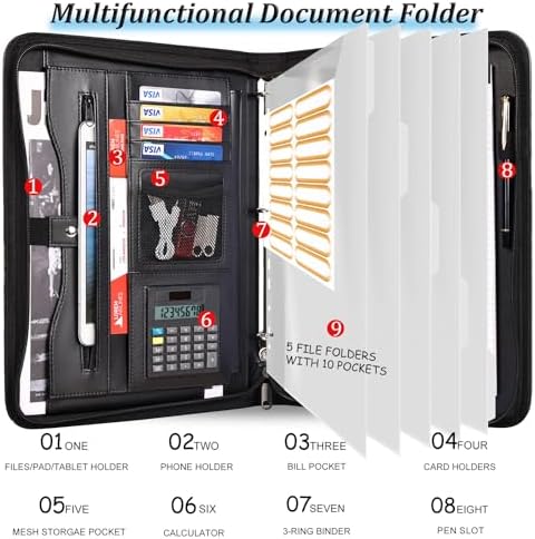 Eshow Portfolio Organizer - 3 Ring Binder with Zipper, Vegan Leather Business Padfolio Folder with Notepad Includes 5 Clear Sheet Protectors for Documents Files for Men Women - Image 6