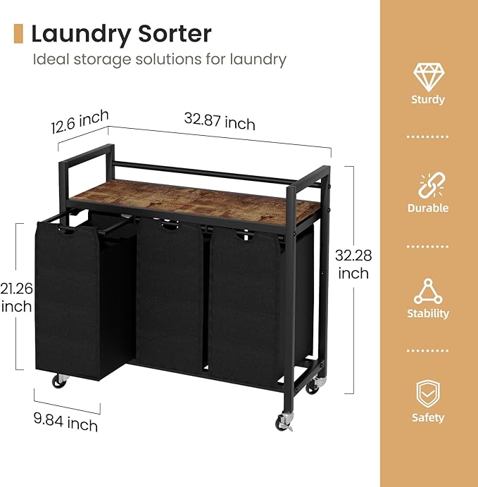 SwaaVee Laundry Hamper, Laundry Basket, Laundry Sorter with 3 Removable Bags, Clothes Basket with 3 Compartments, Wheels, Shelf for Laundry Room Bathroom Bedroom (3 Bags-Black)