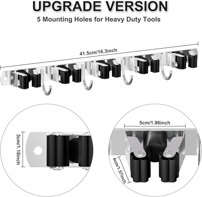 HANZENMA Broom Holder Wall Mount, Broom Organizer Wall Mount Stainless Steel Broom and Mop Hanger Heavy Duty Storage Organization for Home Kitchen Garden Garage Room 5 Racks 4 Hooks