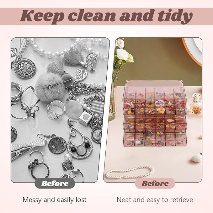 Jewelry Organizer, Earring Holder Organizer Box with 3 Layers, 72 Grids Earring Case, Craft Storage Containers for Nail Charms, Ring, Earrings(Tan)