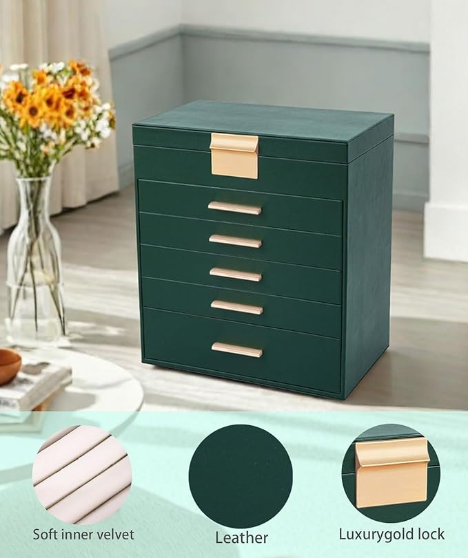 BOOVO Jewelry Boxes for Women, White and Black 6 Layer Large Jewelry Box for Necklace, Bracelet, Earrings, Rings Storage, Jewelry holder Organizer for Girls Gift (Green and Gold, 6 layer)