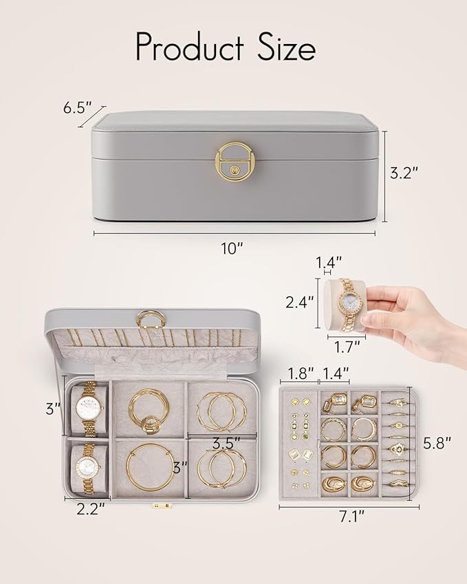 VLANDO 2 Layer Jewelry Box,Jewelry Organizer Storage Lockable Earring Organizer Removable Jewelry Tray with Watch Pillow for Neckable Ring Bracelets-Grey