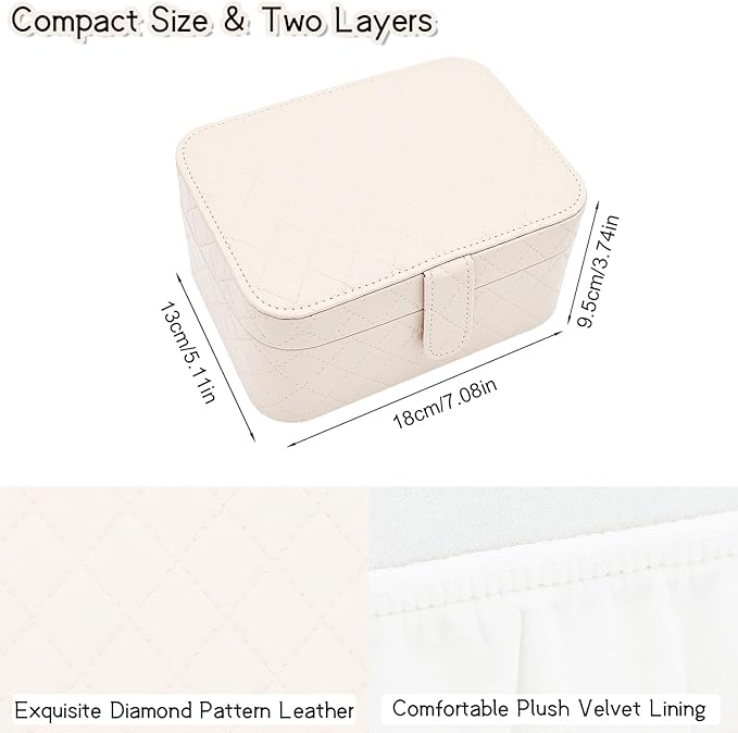 Jewelry Travel Case, 2-Layer Jewelry Box Organizer Medium Jewelry Travel Box, Portable Faux Leather Jewellery Storage Boxes with Argyle for Women, Daily Jewellery Case Home Use (Apricot beige)