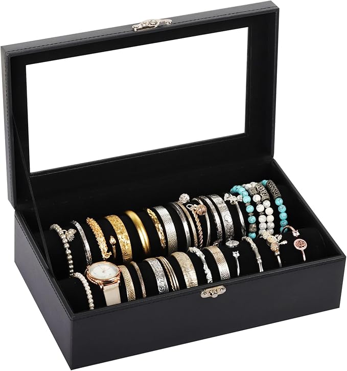 AUTOARK Bracelet & Watch Storage Box with Glass Lid & 2 Anti-Roll Rods,PU Leather Jewelry Case,Soft Lined Locking Organizer for Women,Gift for Dresser & Cabinet Display,Black,MKAW145