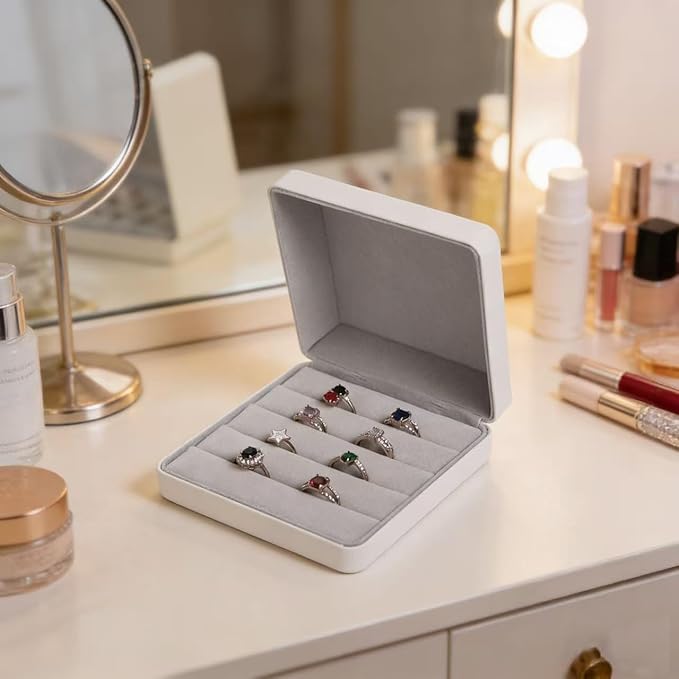 Small Ring Organizer Box, Portable Jewelry Rings Display Collector Case, Jewelry Ring Tray holder Showcase. Modern Rings Storage Boxes Fit for Women, Girl for Travel (White)