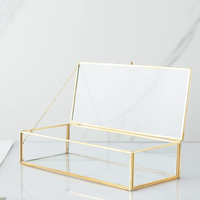 Vintage Glass Keepsake Box, Rectangle Jewelry Display Organizer Box Vanity Lidded Box Home Decor Accent Decorative Box for Storage Trinket Rings Bracelet