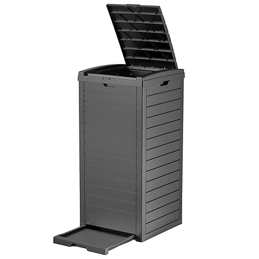 EFU 38 Gallon Outdoor Trash Can with Lid & Drip Tray, Waterproof Garbage Can for Patio Backyard Deck Porch, Heavy Duty Waste Container Bin，Black