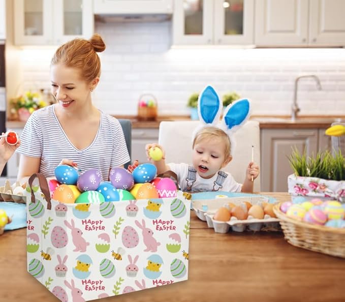 Easter Bunny Kids Gift Basket - Rectangular Toy Storage Basket Organizer Bin Box for Boys & Girls - Cute Easter Egg Room Decor for Home