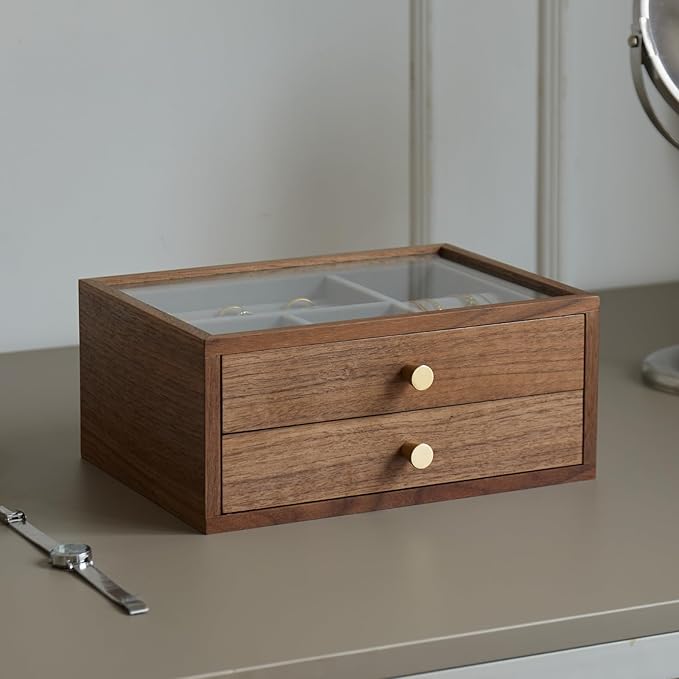 Black Walnut Jewelry Organizers and Storage,2 Layer Wooden Jewelry Boxes for Women,for Necklaces Ring Earring (2 Layer)