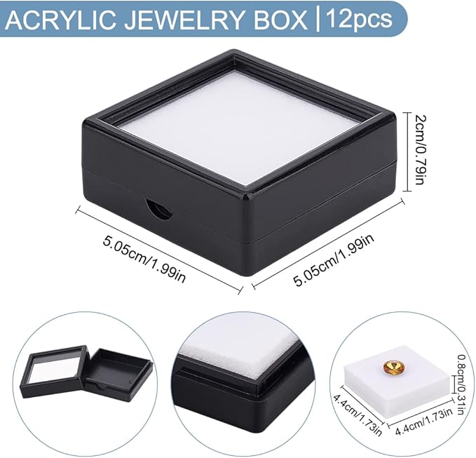 BENECREAT 12PCS Black Gemstone Display Box, Square Acrylic Diamond Jewellery Tray Box Container with Clear Lids and Sponge for Gems, Stone, Pendants, Crystal