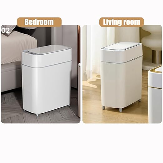 2-Pack - Bathroom Trash Can Automatic Touchless - 2 Gallon Slim Motion Sensor Garbage Can - Waste Basket for Bedroom, Laundry room, Small Spaces - Narrow Automatic Trash Bin - White with Grey Edge