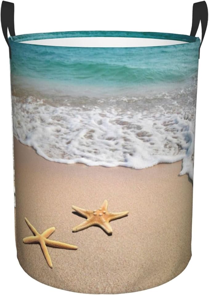Laundry Basket Beach Starfish Room Decor,Round Laundry Hamper Waterproof Dirty Clothes Hamper Collapsible Laundry Baskets With Handles,Toy/Clothes Storage Beach Towel Basket For Dorm Bathroom Decor