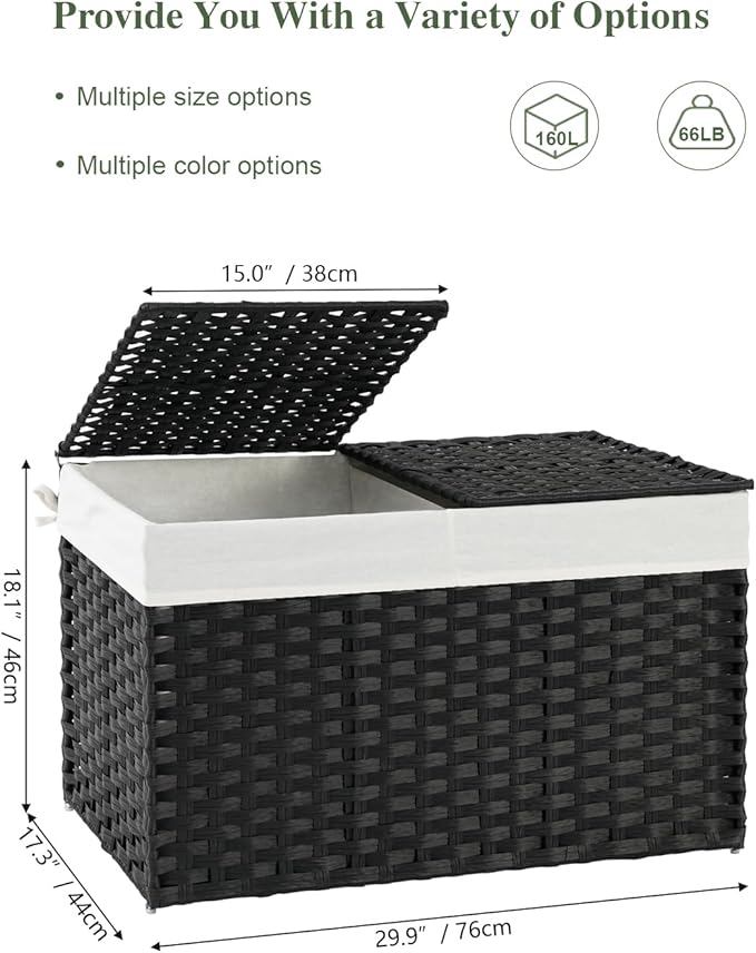 SETVSON Storage Basket with Lid Wicker Baskets for Storage with 2 Separate Lid 42.3 Gallon (160 L) 29.9 x 17.3 x 18.1 Inches Rattan Woven Large Wicker Basket with 2 Liners for Bedroom Laundry Black