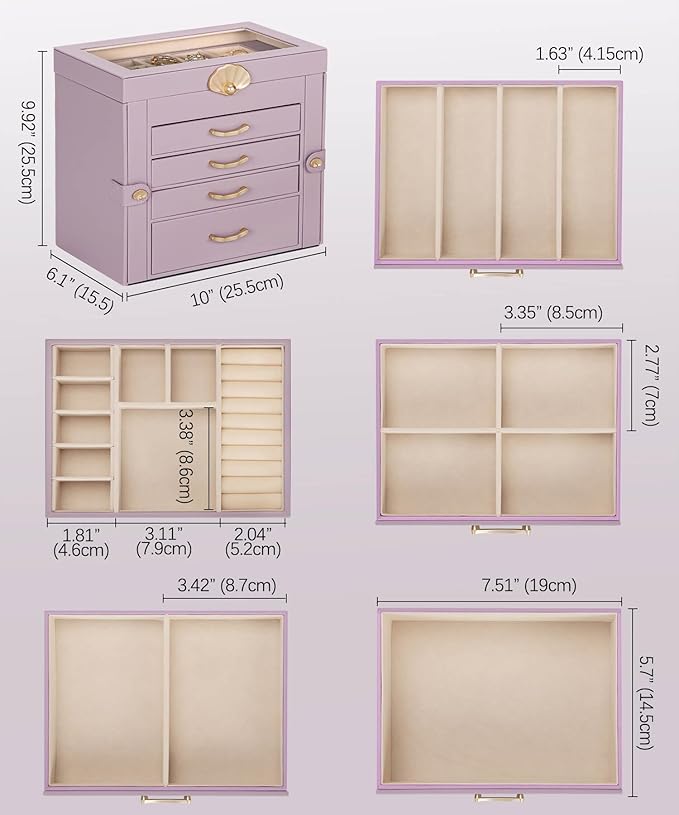 Enthralite Jewelry Box with 4 Drawers : Jewelry Display Organizer for Earrings Necklaces - Gift for Girls Women | Grey Purple