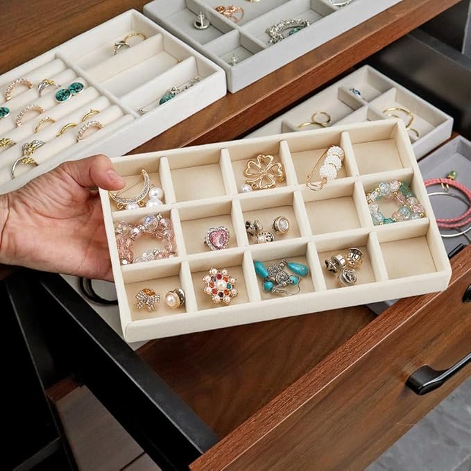 2Pcs 5 x 8.3 Inch Stackable Jewelry Trays Earring Holder Organizer Antique White 15 Grids Velvet Dresser Jewelry Drawer with Removable Divider for Bracelet Ring Watch Trinket Display Showcase