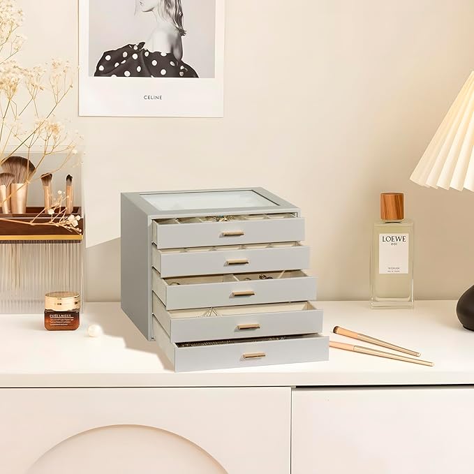 Jewelry Box with Glass Lid, 5-Layer Jewelry Organizer for Women Girls, PU Leather Display Case with 20-Grid Earring Tray & Movable Dividers for Necklaces Rings,Grey
