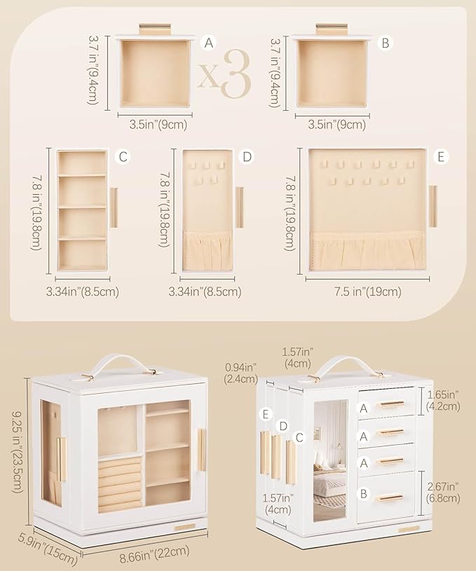 Homde Mothers Day Gifts Jewelry Box 360° Rotating, Necklace Earring Organizer with Transparent Window, Mirror, 7 Drawers, Large Ring Display Storage Case for Girls Women (White)