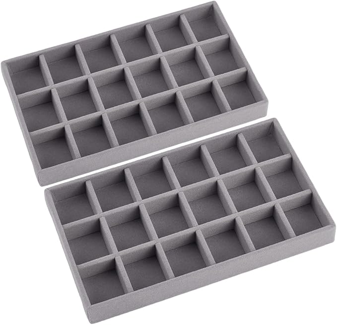 2Pcs 5 x 8.3 Inch 18 Grid Jewelry Tray Drawer Insert Velvet Earring Organizer Display Case Storage with Removable Divider Container Box for Rings Watch Necklace Trinket Holder Showcase Gray