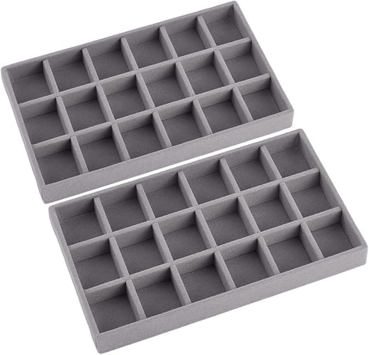 2Pcs 5 x 8.3 Inch 18 Grid Jewelry Tray Drawer Insert Velvet Earring Organizer Display Case Storage with Removable Divider Container Box for Rings Watch Necklace Trinket Holder Showcase Gray