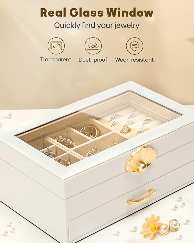Enthralite Jewelry Box with 1 Drawer: Display Organizer for Earrings Necklaces - Gift for Girls Women (White)