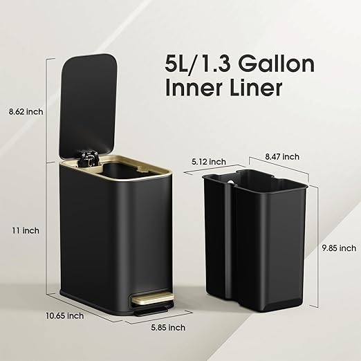 Small Bathroom Trash Can with Lid Soft Close, 5L / 1.3 Gallon Slim Garbage Can with Removable Inner Bucket, Step Stainless Steel Trash Bin for Office, Bathrooms, Bedroom, Living Room (Black)