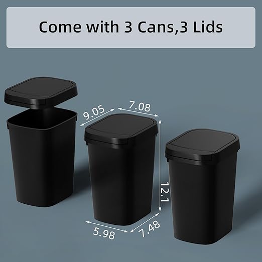 KSSKSS 3 Pack Bathroom Small Trash Can with Lid, 2.6 Gallon Slim Garbage Bin with Pop-Up Lid, 10L Plastic Wastebasket for Bedroom, Office, Kitchen, Toilet (Black)