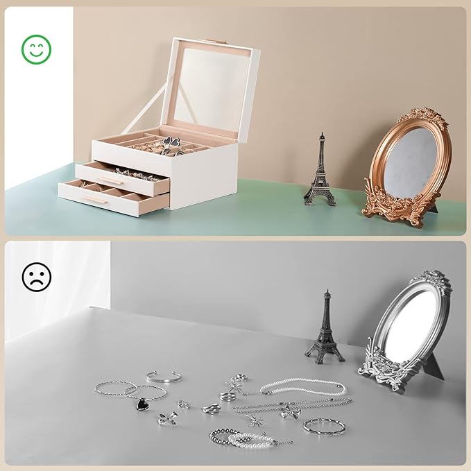Somduy Jewelry Box Organizer for Women,3 Layers Jewelry Storage Display Box with Glass Lid,Gift for Christmas,3 Drawers,Large Capacity for Necklace Earrings Bracelets Rings,White