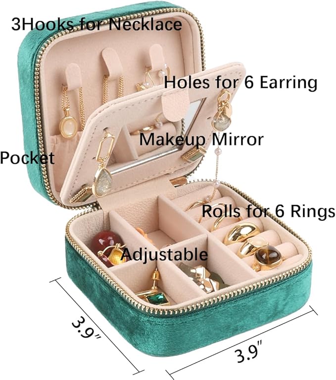 OceeK Plush Velvet Jewelry Box,Travel Jewelry Case and Organizer with Mirror,Jewelry Box for Women Girls,Green,1 Pack