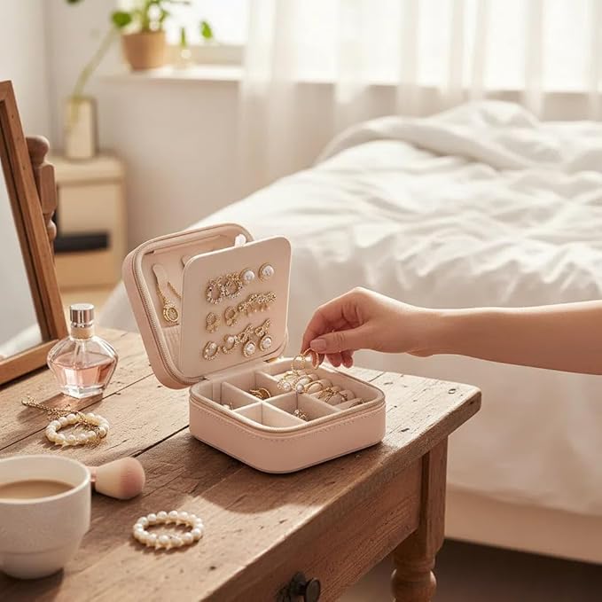 Travel Jewelry Box, PU Leather Small Jewelry Organizer for Women Girls, Portable Mini Travel Case Display Storage Holder Boxes for Stud Earrings, Rings, Necklaces (Apricot color)