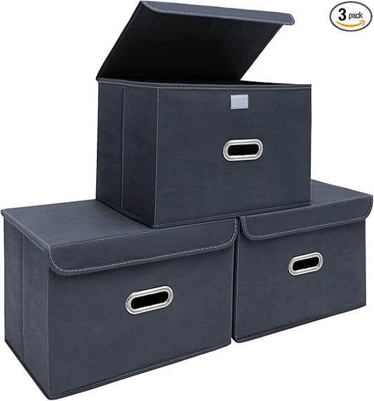 STOREONE Fabric Storage Cube Bins Foldable Organizer Container Collapsible Basket with Lids and Metal Handles, for Home, Bedroom, Closet 3 Pcs (Grey)