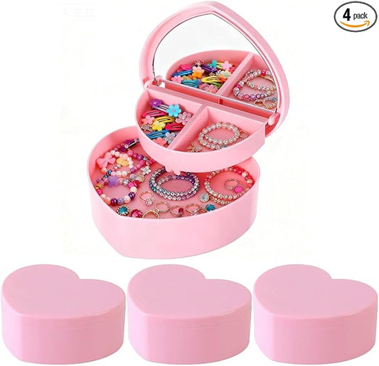 Cabilock 4 PCS Heart Shape Double Layer Jewelry Box with Mirror, Portable Jewelry Organizer Case for Earrings Rings Necklaces Desk Topper Organizer, Pink